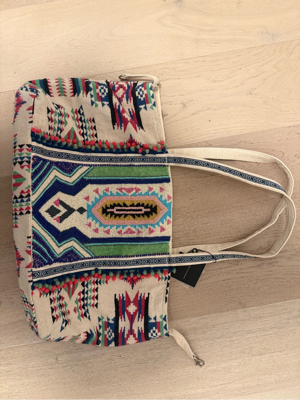 America & Beyond Hand Beaded Boho Tribal Pattern Canvas Tote Bag